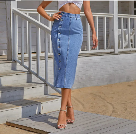 Button Slit Denim Skirt